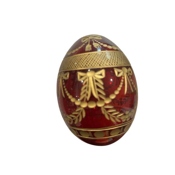Faberge Russian style ruby red glass egg etched gold garnishment elaborate - Picture 3 of 7